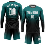 Custom Aqua White-Black Sublimation Long Sleeve Fade Fashion Soccer Uniform Jersey