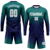 Custom Aqua White-Navy Sublimation Long Sleeve Fade Fashion Soccer Uniform Jersey