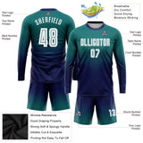 Custom Aqua White-Navy Sublimation Long Sleeve Fade Fashion Soccer Uniform Jersey