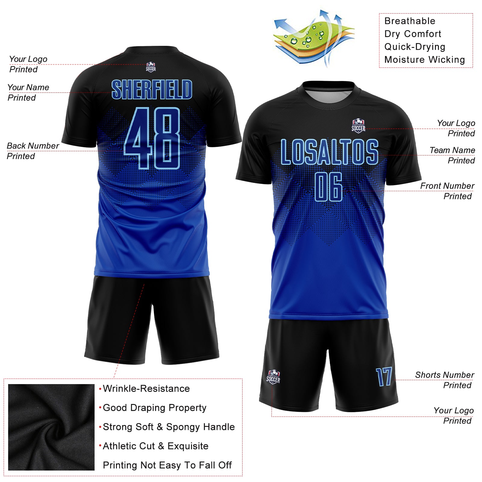 Custom Royal Royal-Light Blue Sublimation Soccer Uniform Jersey