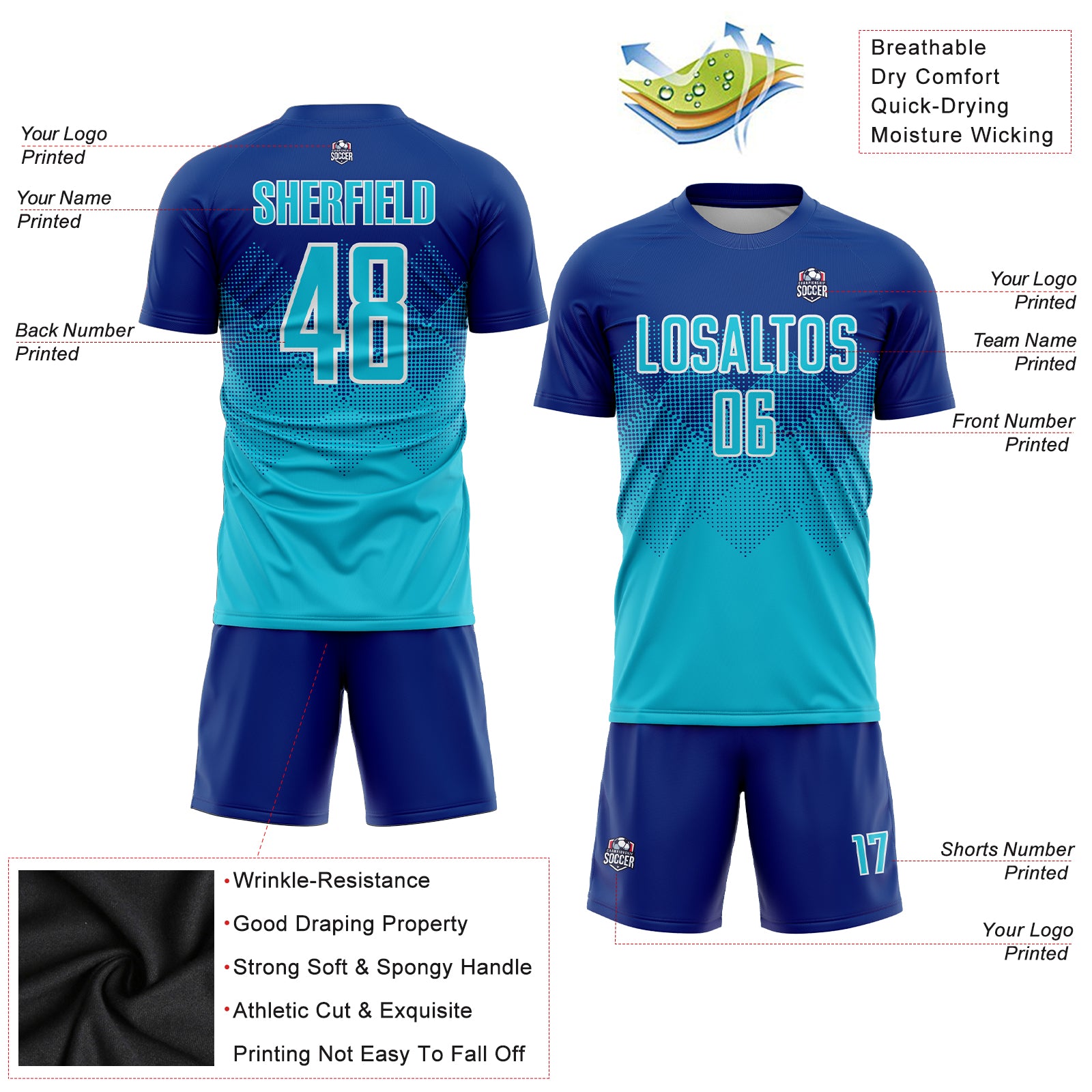 Custom Aqua White Sublimation Soccer Uniform Jersey Discount