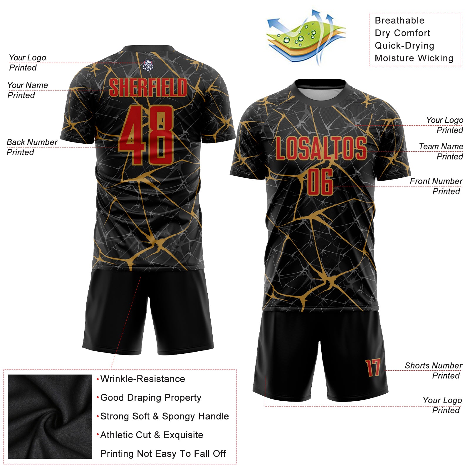 Custom Black Red-Old Gold Sublimation Soccer Uniform Jersey Sale – UKSN INC