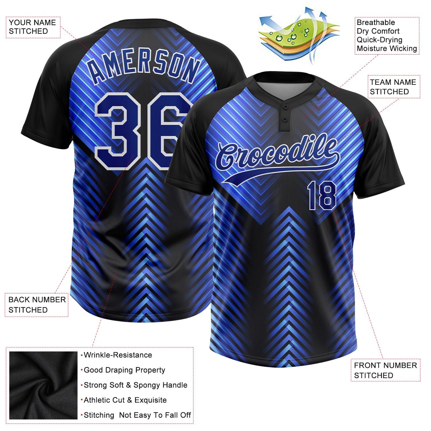 Custom Light Blue Royal-Black 3D Pattern Design Authentic Baseball Jersey Men's Size:S
