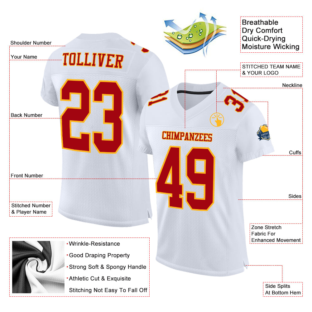 Custom White Red-Gold Mesh Authentic Football Jersey Sale – UKSN INC